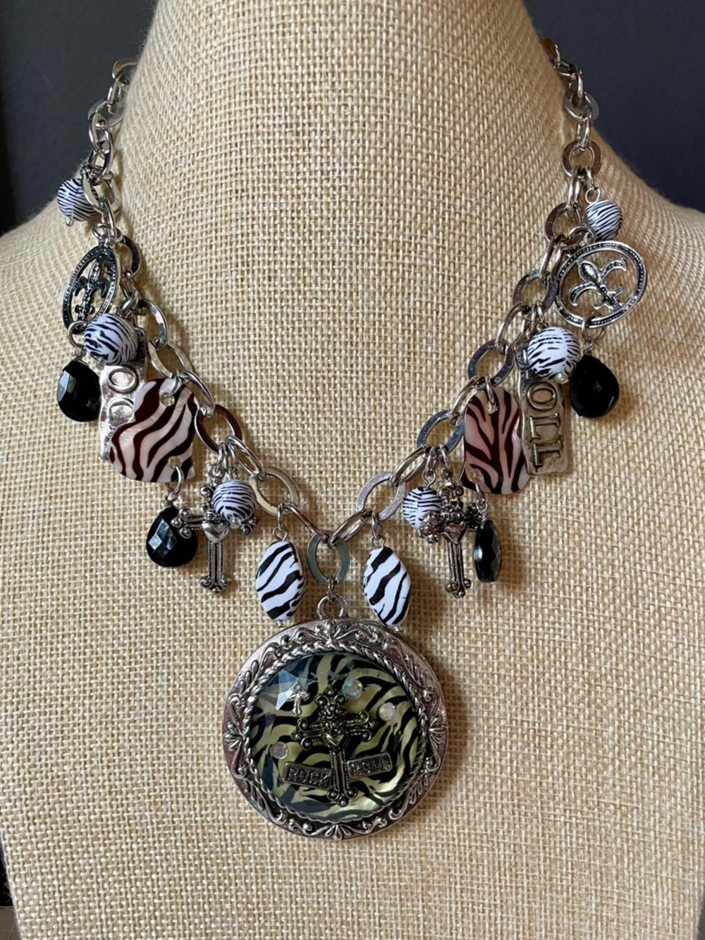 Eclectic Zebra Print Charm Necklace - Grunge/Punk Style